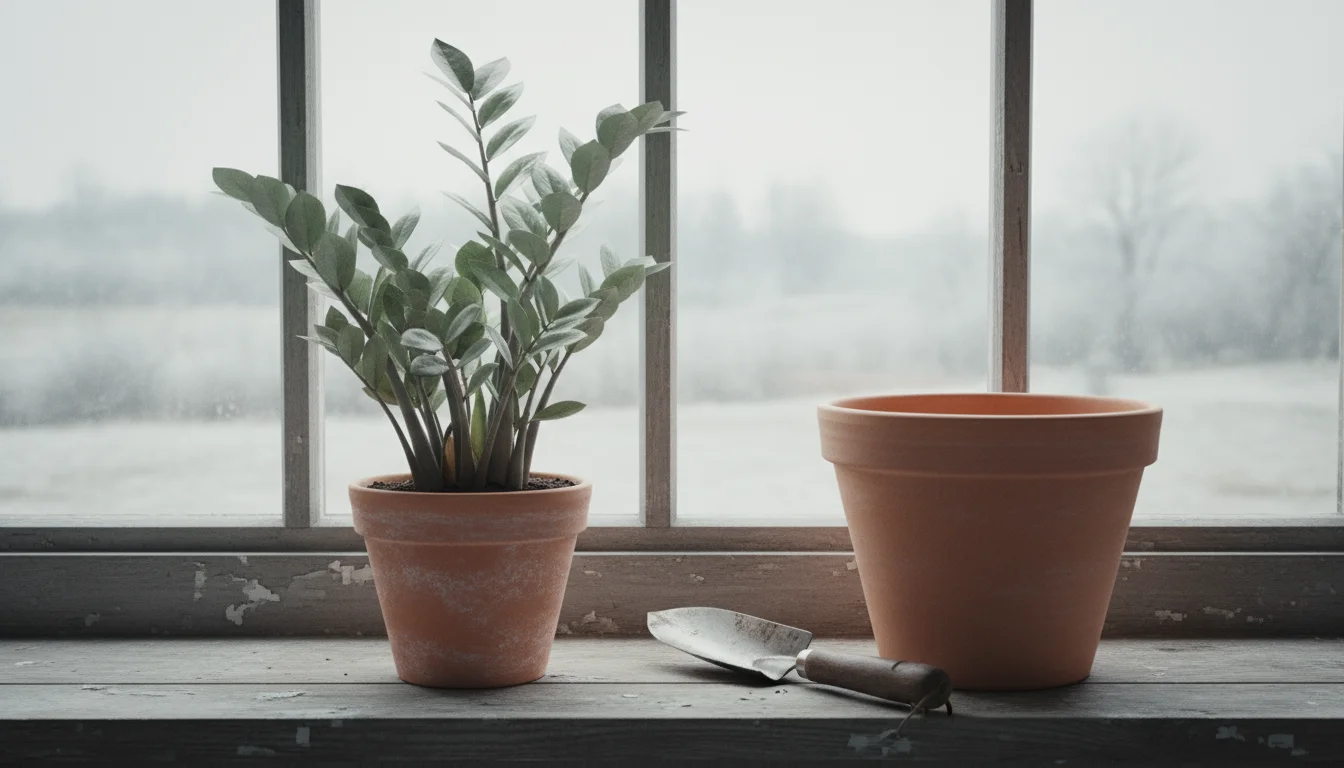 A healthy ZZ plant in a pot sits next to a larger, empty terracotta pot and a trowel on a windowsill. A hand rests on the empty pot. Frosty window bac