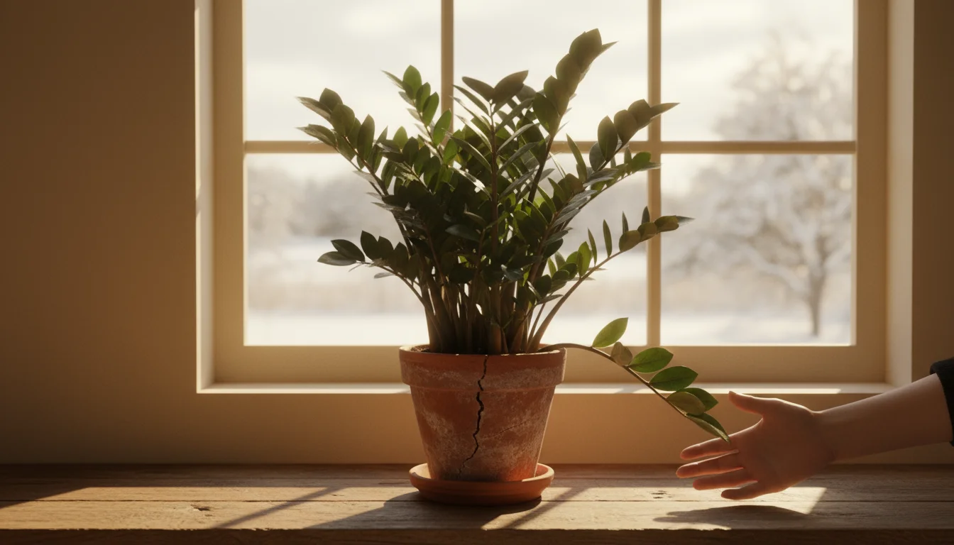 Healthy ZZ plant in a terracotta pot on a wooden windowsill, illuminated by soft winter light, with a hand resting nearby.