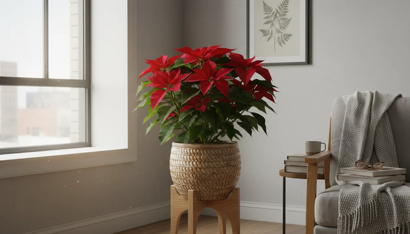A healthy Poinsettia in a ceramic pot on a wooden plant stand, bathed in soft, diffused window light in a calm urban living room corner.