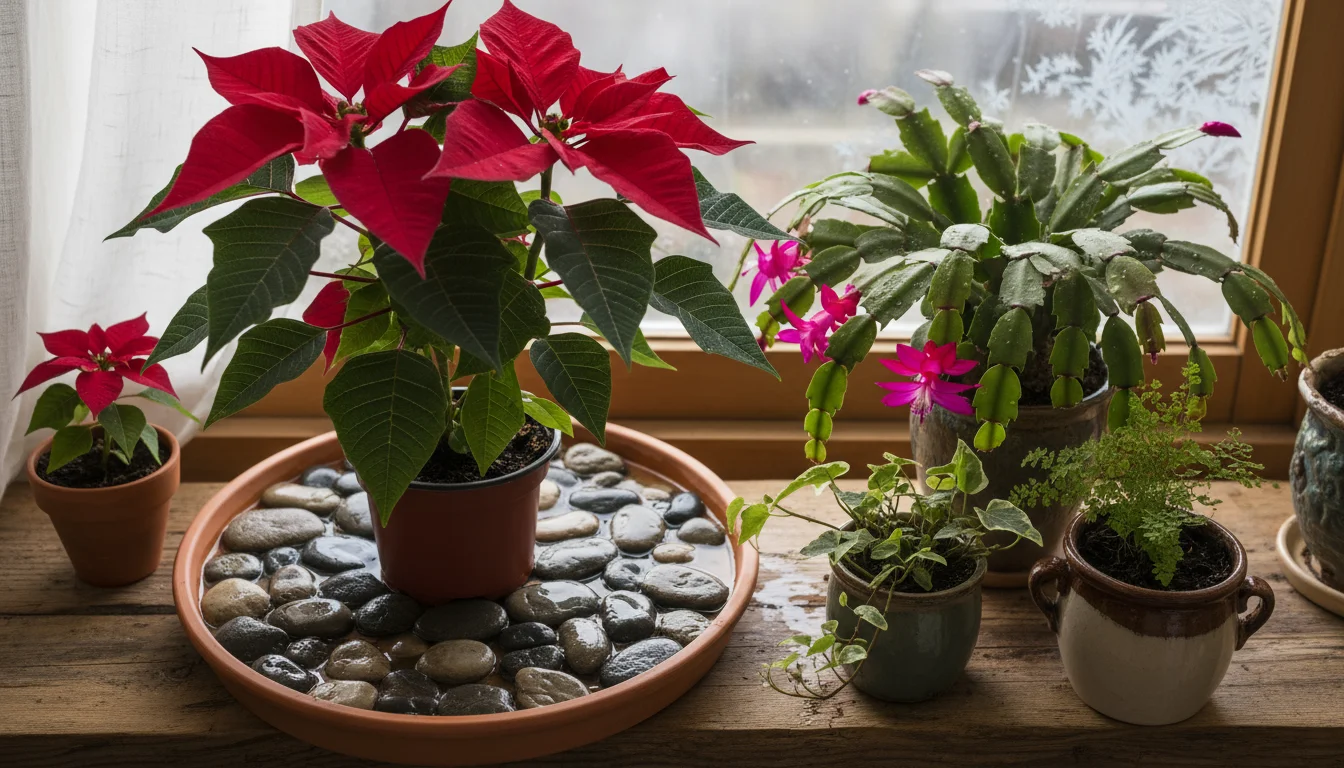 A healthy Poinsettia and Christmas Cactus on a wooden shelf, one sitting on a pebble tray, grouped with other plants for humidity.