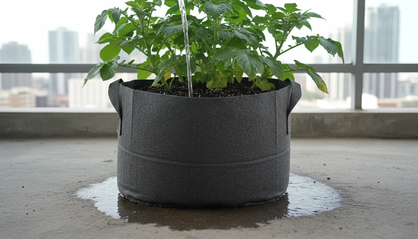 A healthy potato plant in a dark grey fabric grow bag on a balcony. Water is being poured, and a wet patch shows active drainage on the concrete below
