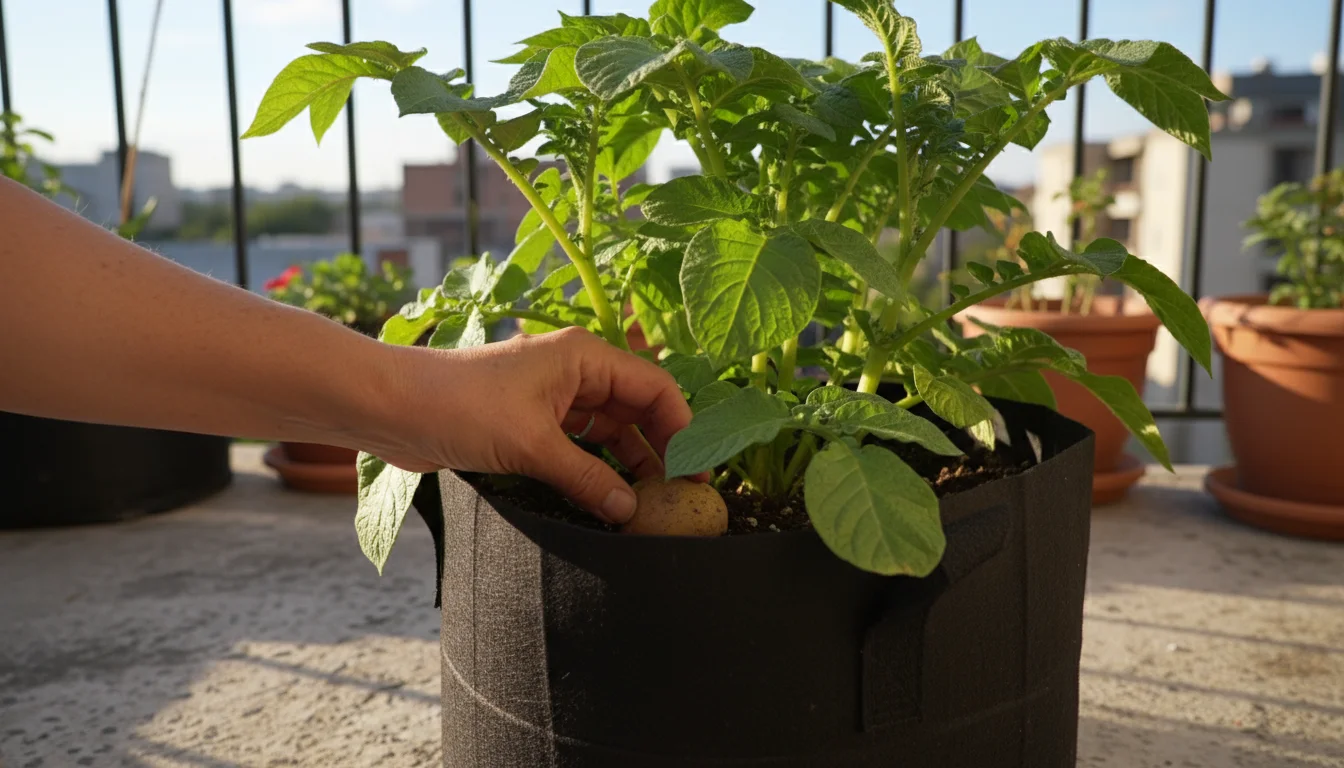A healthy potato plant thrives in a dark fabric grow bag on a sunny urban balcony, with a hand gently parting the foliage.