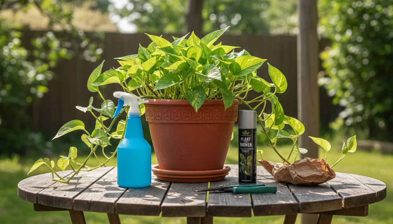 A healthy Pothos plant in a terracotta pot sits on a wooden table, surrounded by a generic cleaner, a leaf shiner, and a water spray bottle with a clo