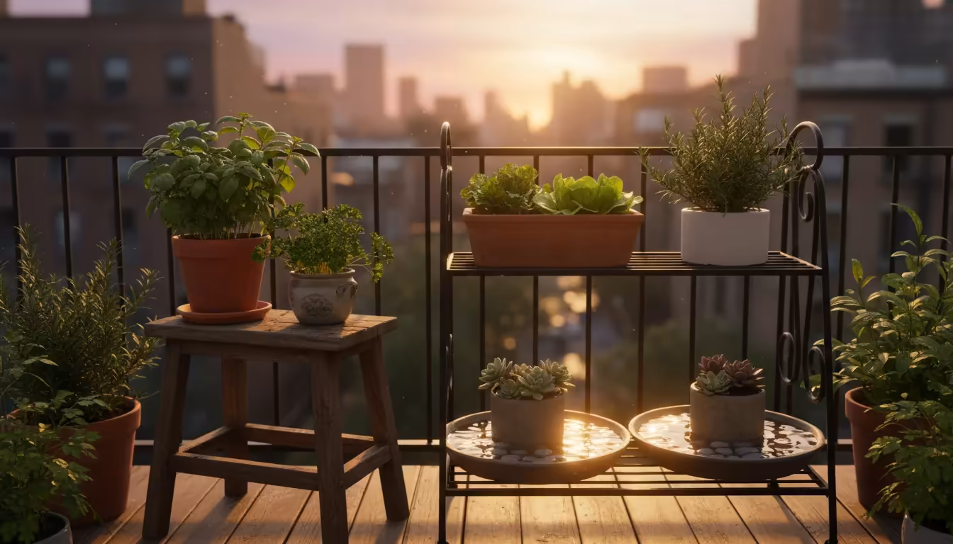 A close-up of healthy potted plants, like herbs and greens, grouped tightly on a balcony stool, some resting on water-filled pebble trays.