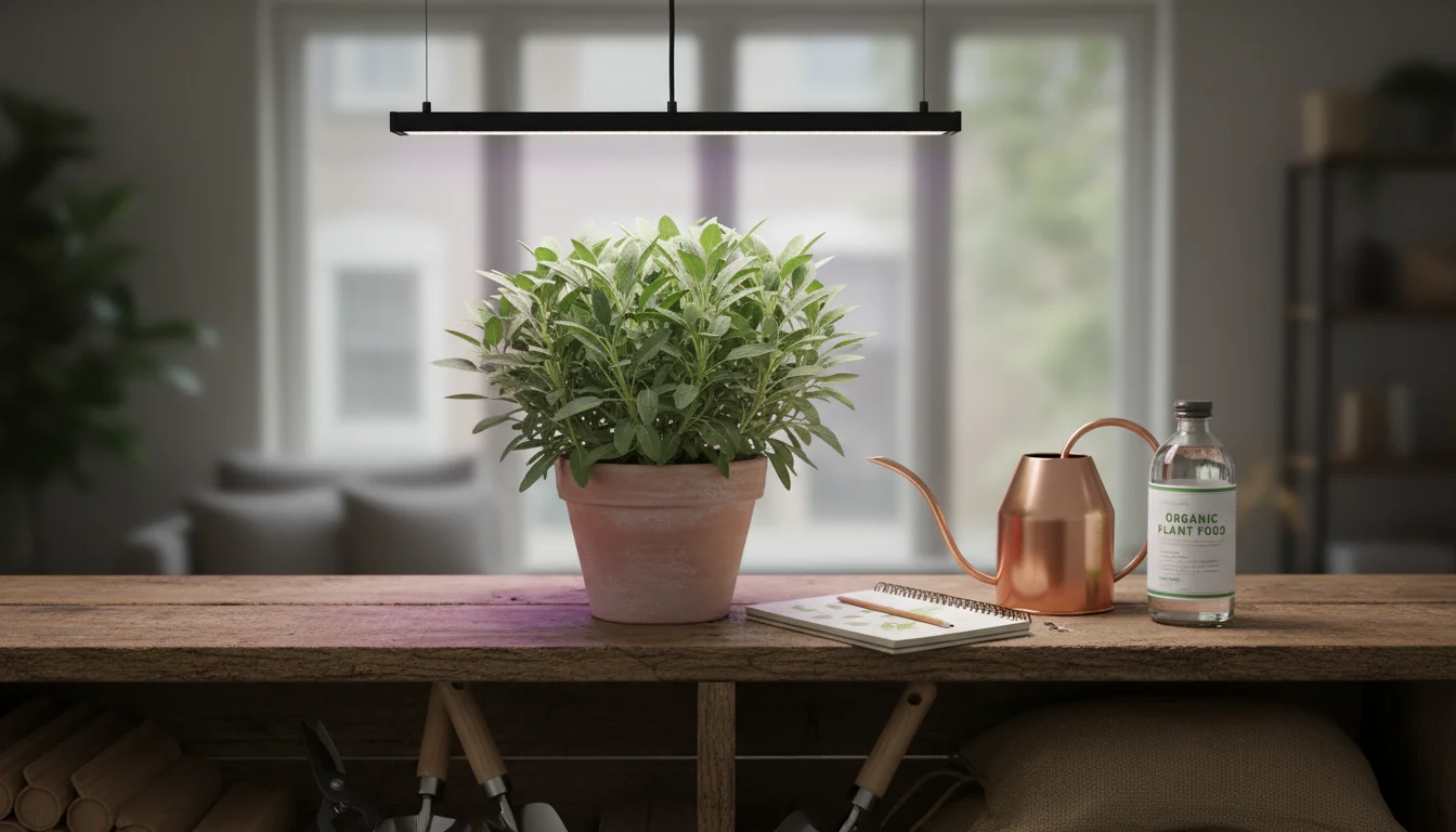 A healthy potted sage plant under a minimalist LED grow light, next to a copper watering can and a bottle of organic liquid fertilizer on a wooden she