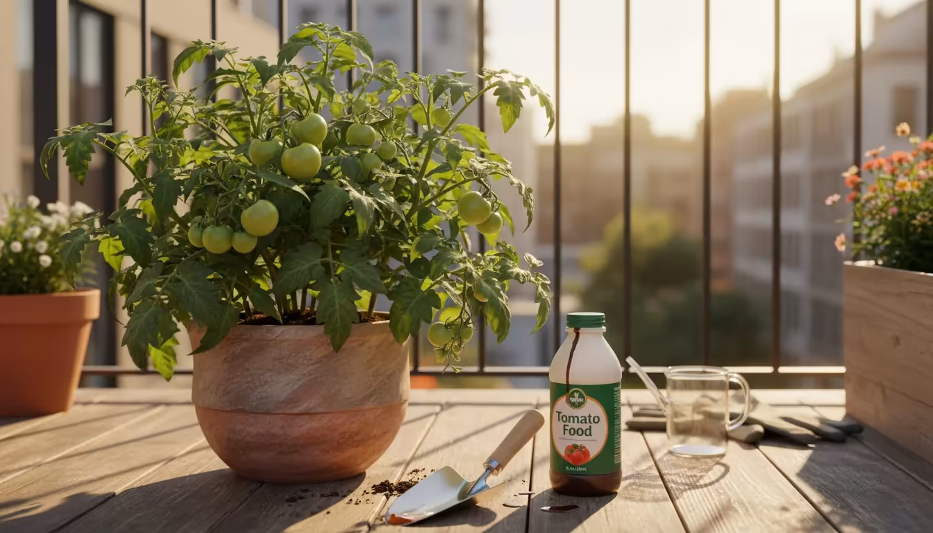Overhead view of a healthy potted tomato plant with small green fruits on a sunny urban balcony, with a bottle of liquid fertilizer and watering can n