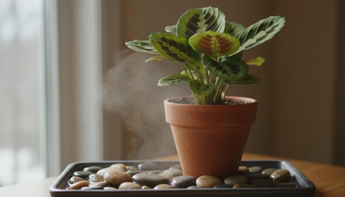 Eye-level shot of a healthy prayer plant in a terracotta pot above a pebble tray with water, in soft winter light.