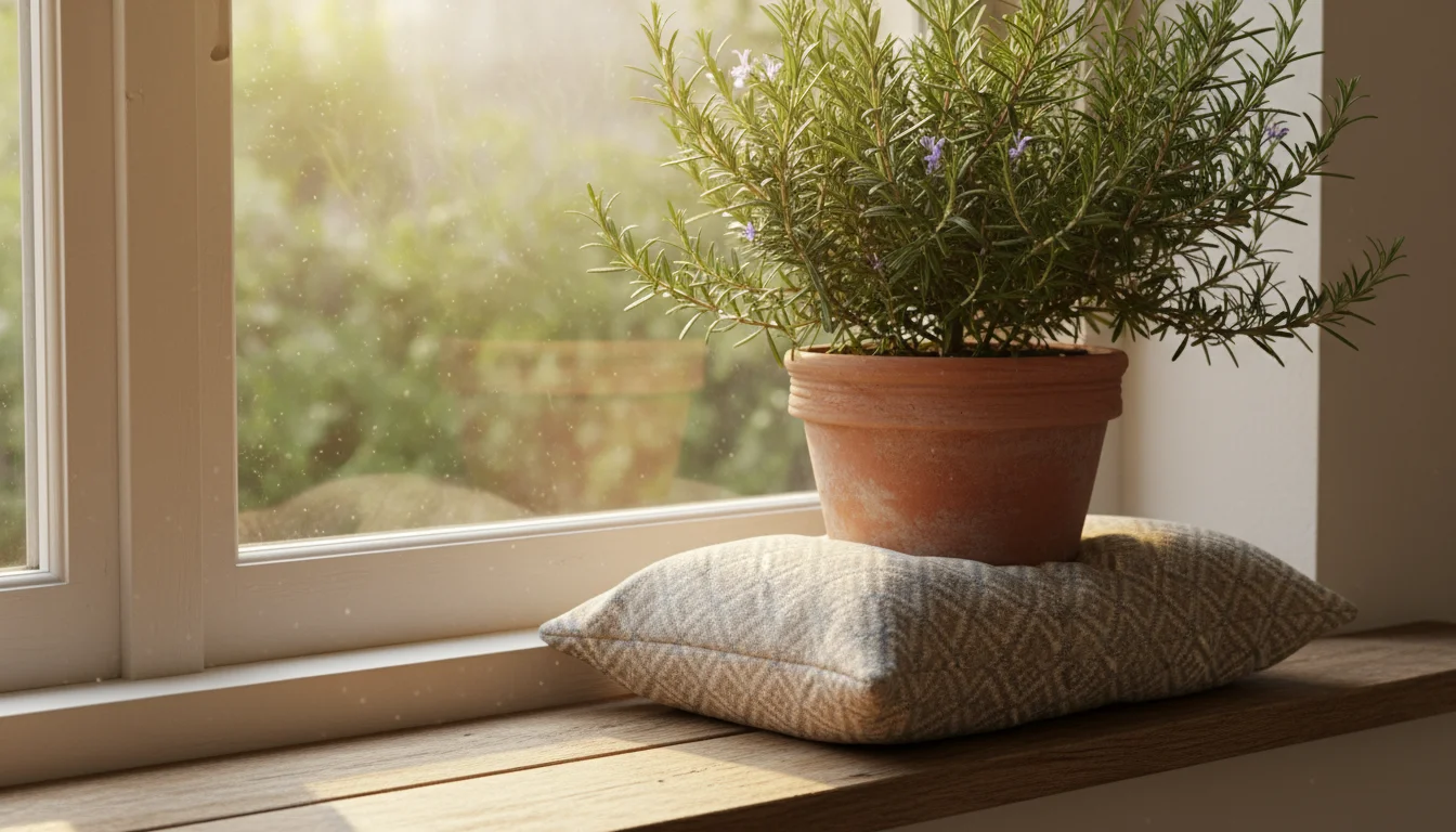A healthy rosemary plant in a terracotta pot sits on a wooden windowsill, with a patterned fabric draft stopper blocking the window's base.