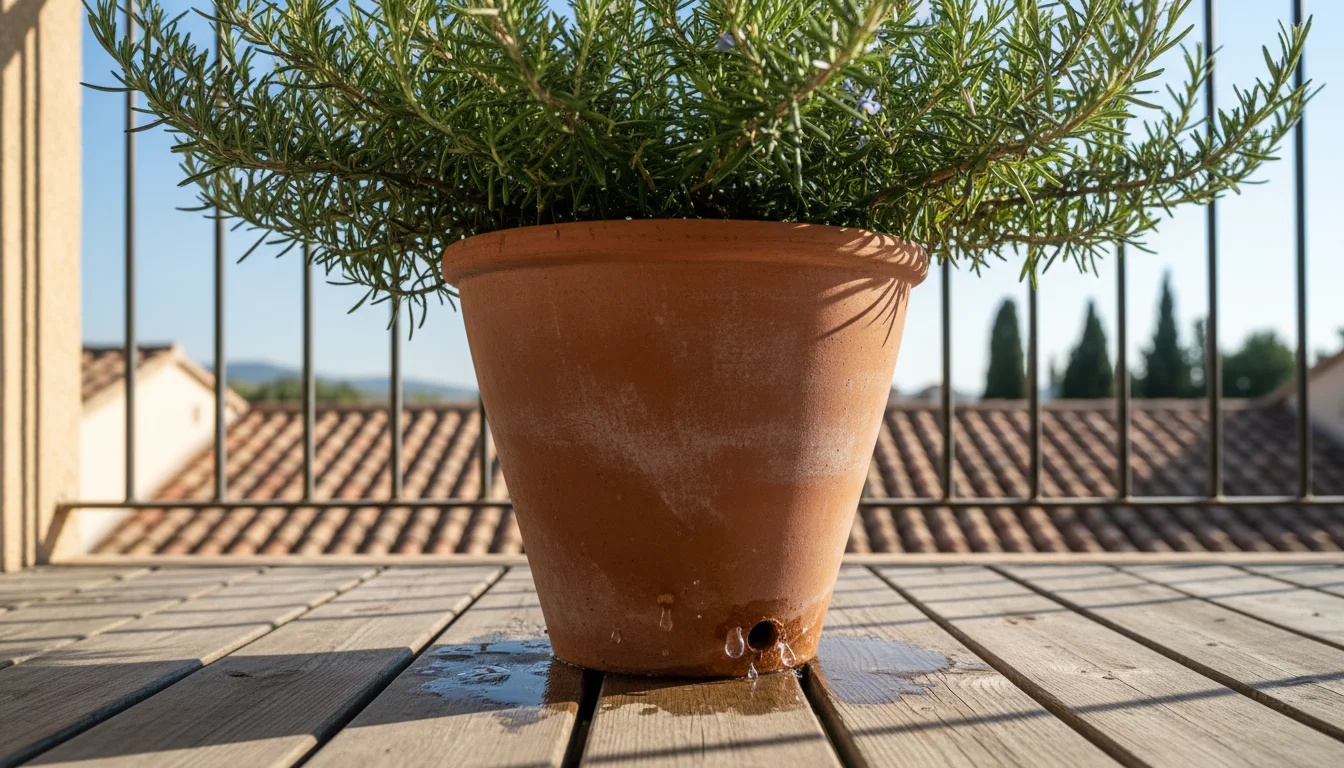A healthy rosemary plant in a terracotta pot on a wooden balcony deck, with water clearly dripping from the pot's base.