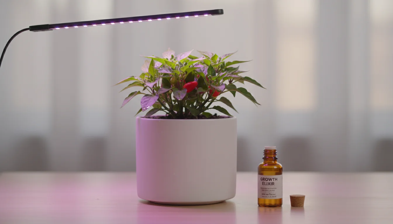 A healthy rosemary plant in a white ceramic pot under a purple-pink grow light, with a half-full, uncapped bottle of liquid fertilizer beside it.