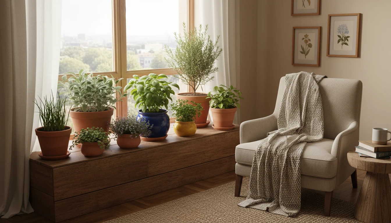 Healthy sage, rosemary, and thyme herbs in assorted pots on a windowsill, bathed in soft, diffused light from a window with a sheer curtain.