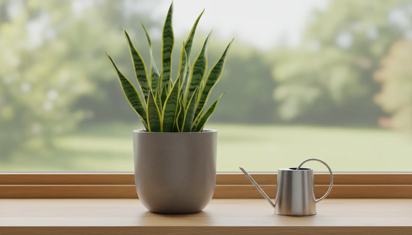 A healthy snake plant in a grey pot on a bright windowsill, with a small metal watering can nearby.
