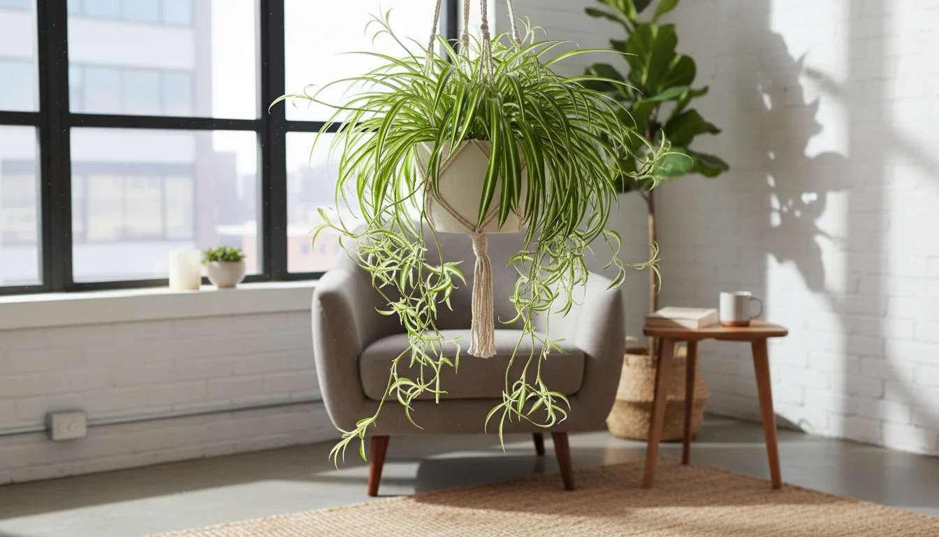 A healthy Spider Plant hangs in a macrame planter, its variegated leaves and numerous small plantlets (spiderettes) gracefully arching downwards in a 