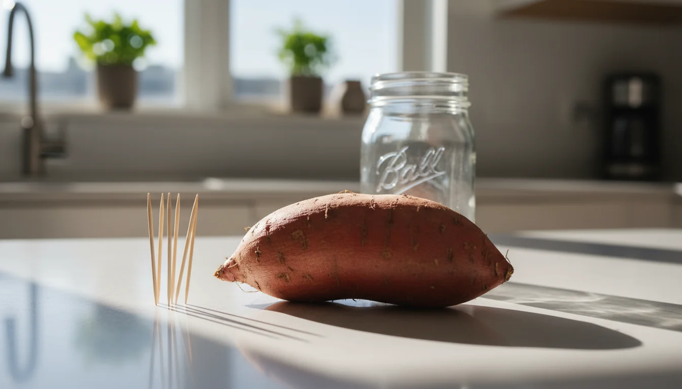 A healthy sweet potato, four wooden toothpicks, and an empty clear glass mason jar are neatly arranged on a light grey kitchen counter.