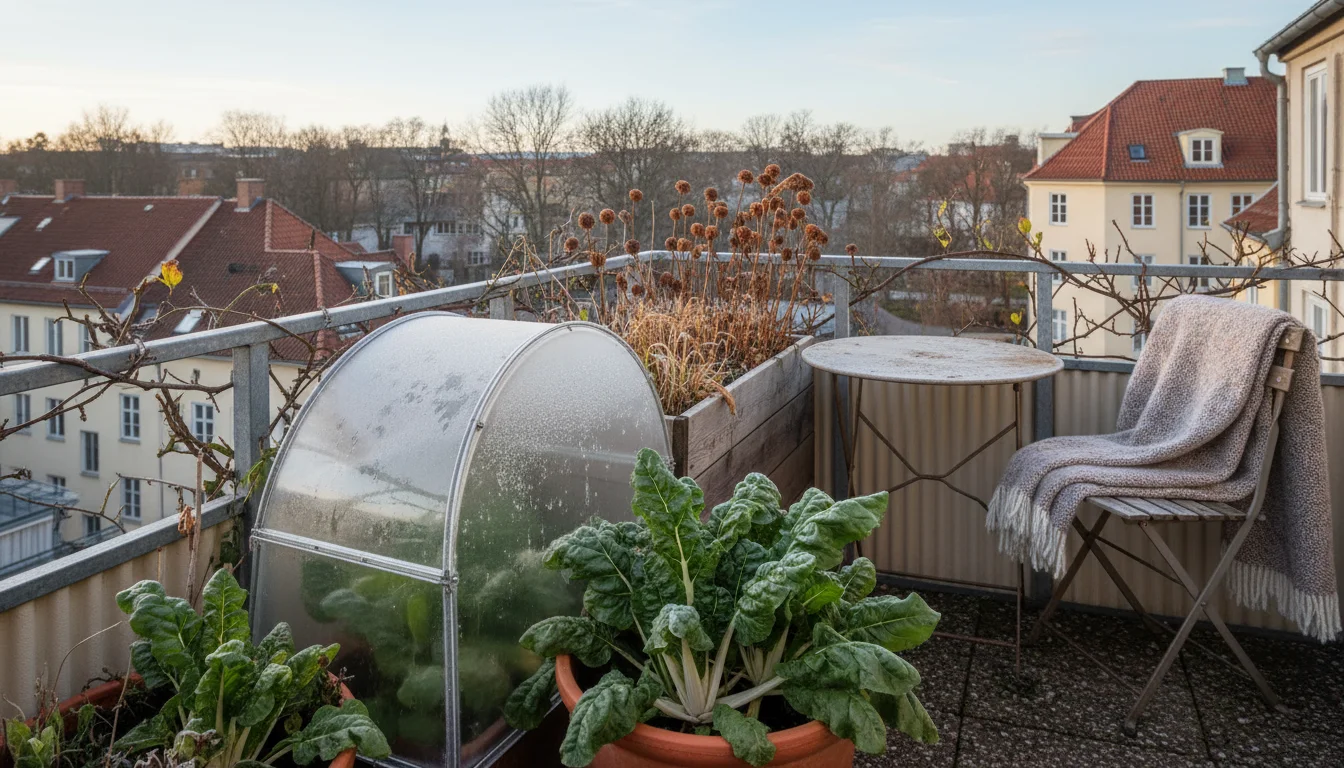 Healthy Swiss chard in a container under a clear cloche on a patio, showing frost protection in late autumn.