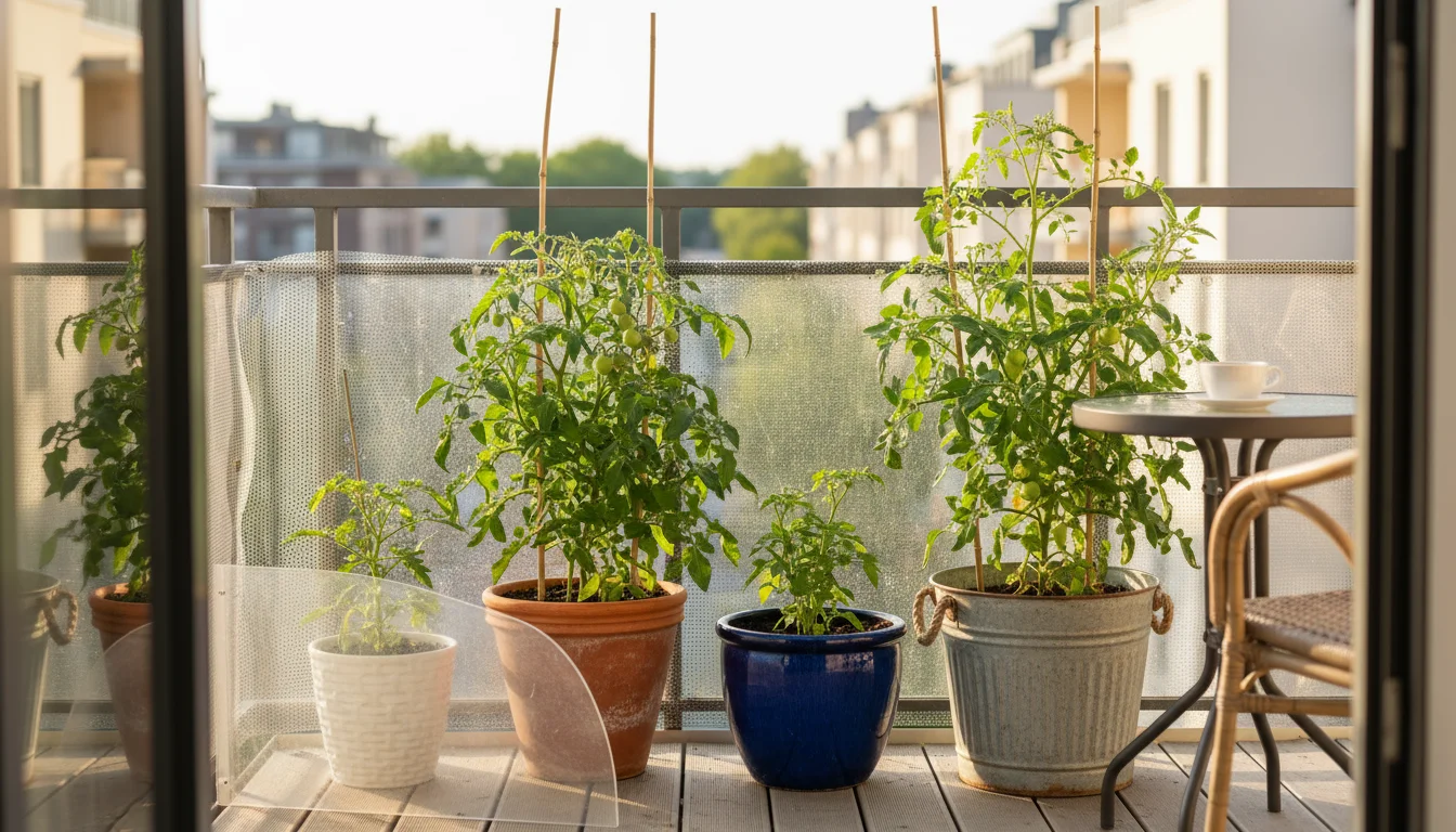 Healthy tomato plants in varied containers grouped against a sturdy balcony wall, thriving in ample sun with natural wind protection on an urban patio