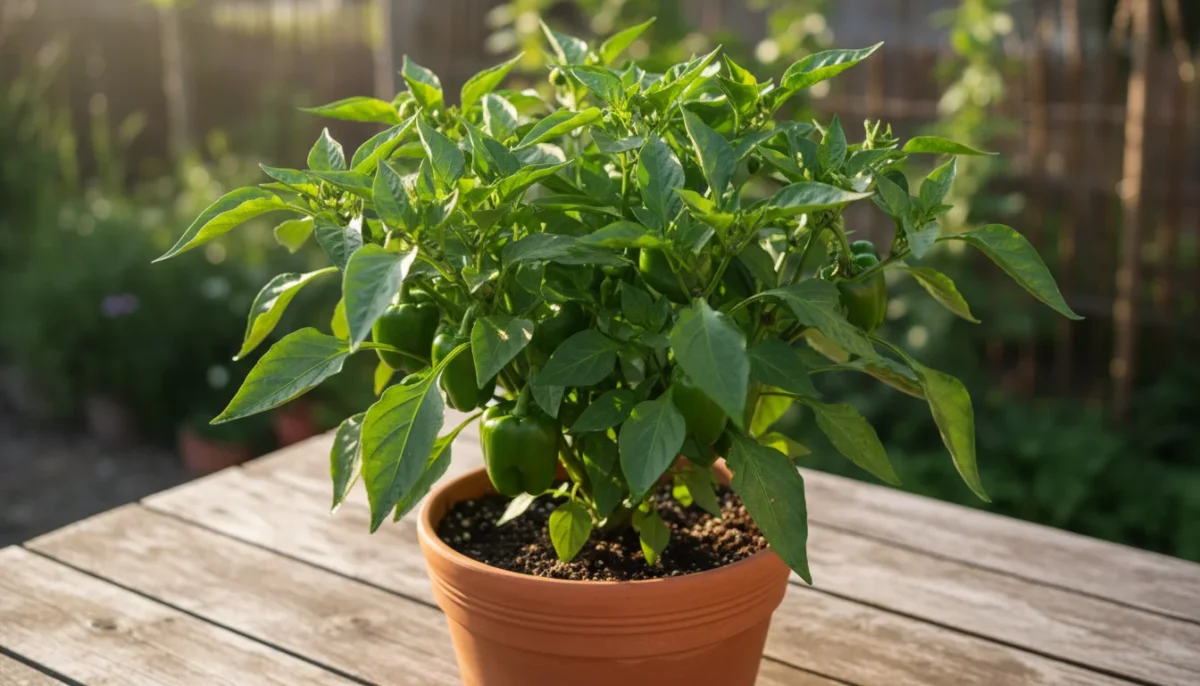Close-up of a healthy, vibrant bell pepper plant in a terracotta pot, laden with green peppers on a sunny patio table.