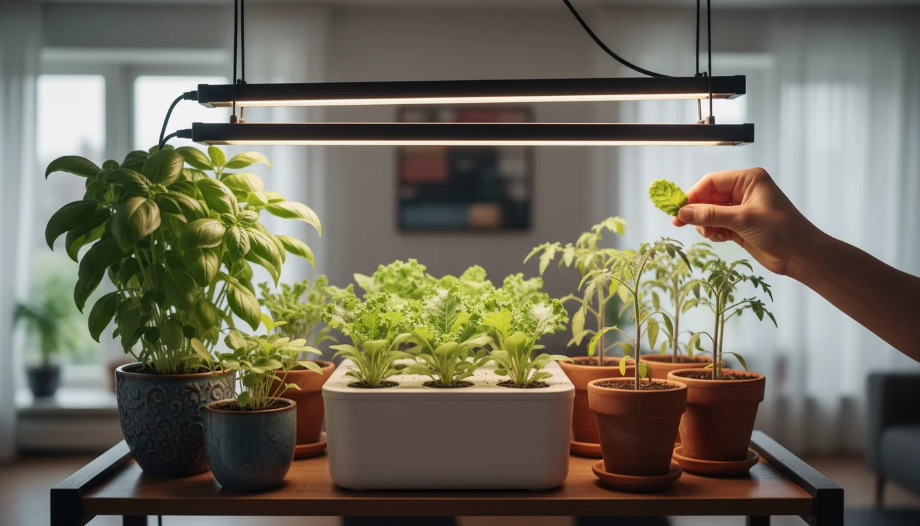 Healthy, vibrant green basil, lettuce, and tomato seedlings thriving under full-spectrum LED grow lights on an indoor shelf. A hand gently touches a l