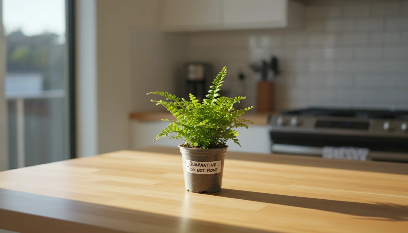 A healthy, vibrant small fern in a nursery pot sits alone on a light wooden counter in sunlit indoor space, emphasizing isolation.