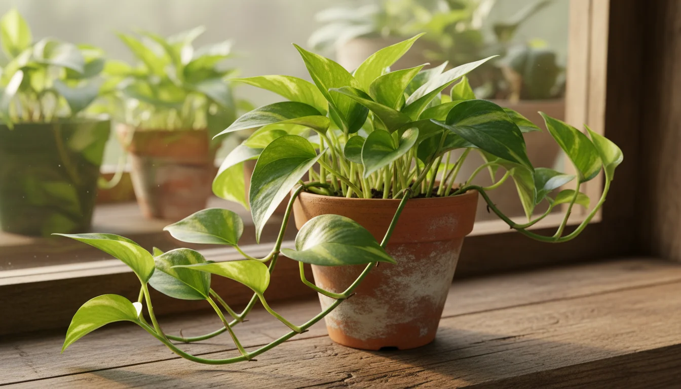 Healthy young Pothos plant thriving in a terracotta pot on a windowsill, showing lush leaves but no visible roots from drainage holes.