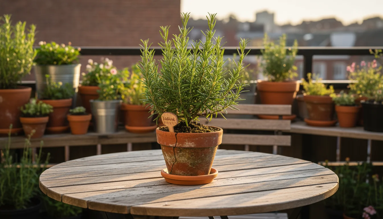 Healthy young rosemary in a terracotta pot on a sunlit wooden balcony table, hinting at successful rooting after patient care.