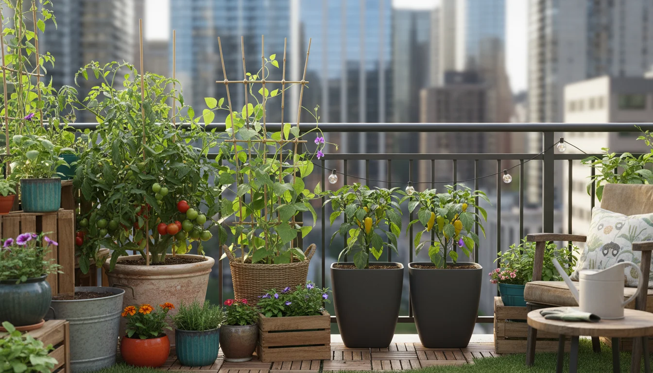 Healthy young tomato, pepper, and bean plants thrive in various containers on a sunny urban balcony, with city buildings in background.