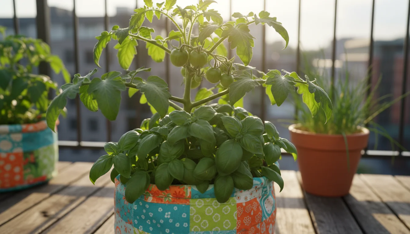 Healthy young tomato plant with small green fruits and bushy basil growing together in a colorful fabric grow bag on a sunlit urban balcony.