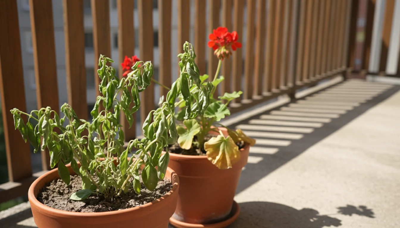 Heat-stressed basil and geranium plants in terracotta pots on a sunny urban balcony. Basil shows drooping leaves, soil is dry.