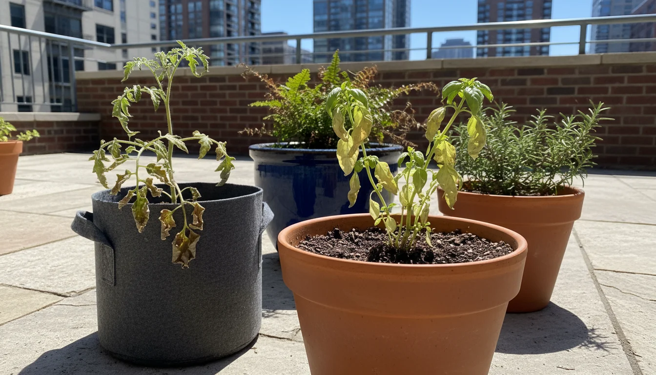 Close-up of heat-stressed basil and tomato plants in pots on a sunny urban patio, with dry soil and a concerned hand hovering over them.