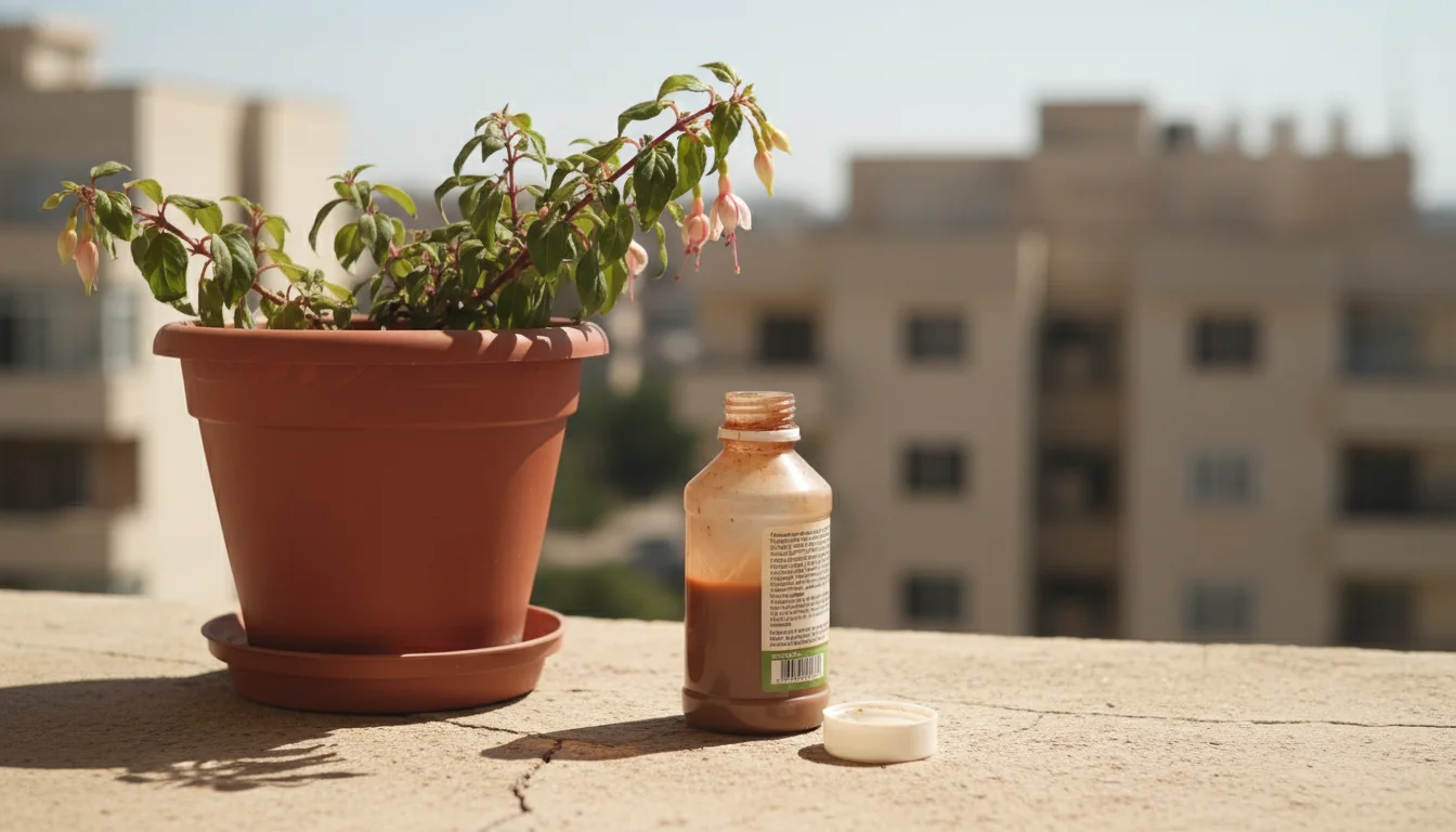 Heat-stressed fuchsia plant in a terracotta pot on a sunny balcony, with an untouched bottle of liquid fertilizer beside it.