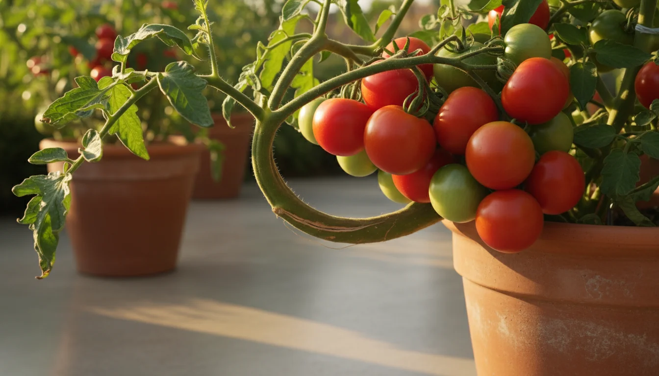 A heavy stem of red and green tomatoes bends precariously low in a container, nearly touching a sunlit patio, showing the urgent need for support.