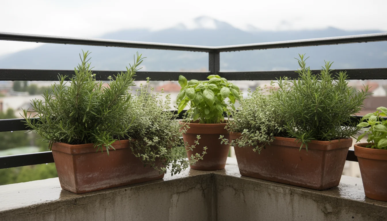 Heavy terracotta herb pots (rosemary, thyme, basil) grouped for wind protection in a balcony corner on an overcast day.