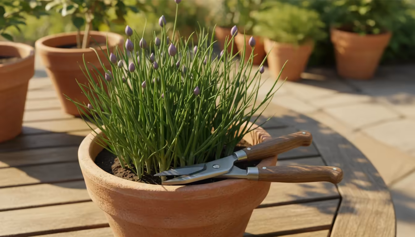Herb snips poised above vibrant chives in a terracotta pot on a sunny patio, with unopened purple flower buds visible.