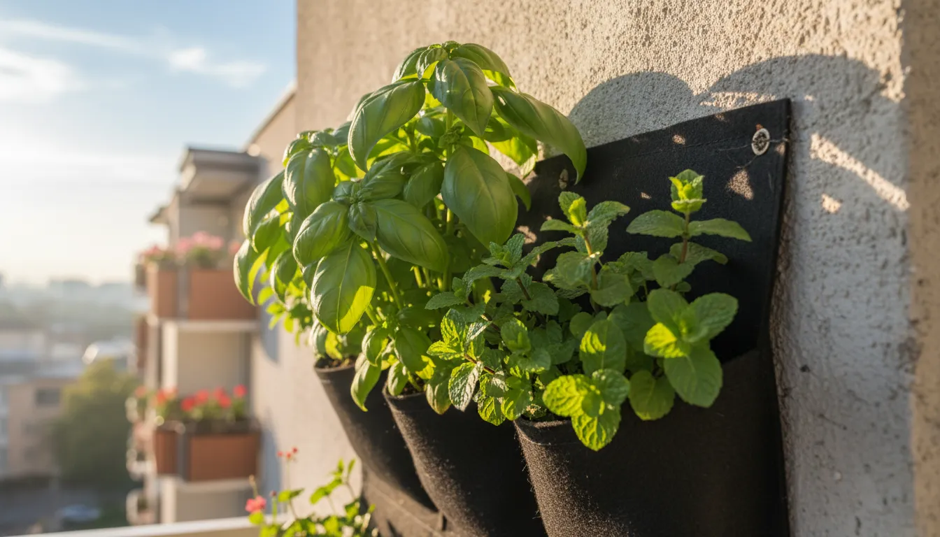 Close-up of lush basil and mint in a vertical planter, leaves highlighted by morning light on an apartment balcony.
