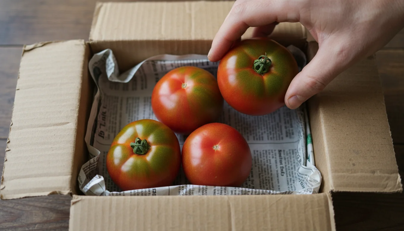High-angle view of an adult hand gently checking partially ripe tomatoes resting on newspaper inside a modest cardboard box.