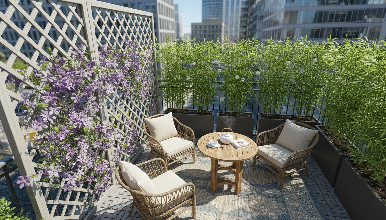 High-angle view of a chic urban balcony with a clematis-covered lattice panel and tall bamboo planters creating privacy.