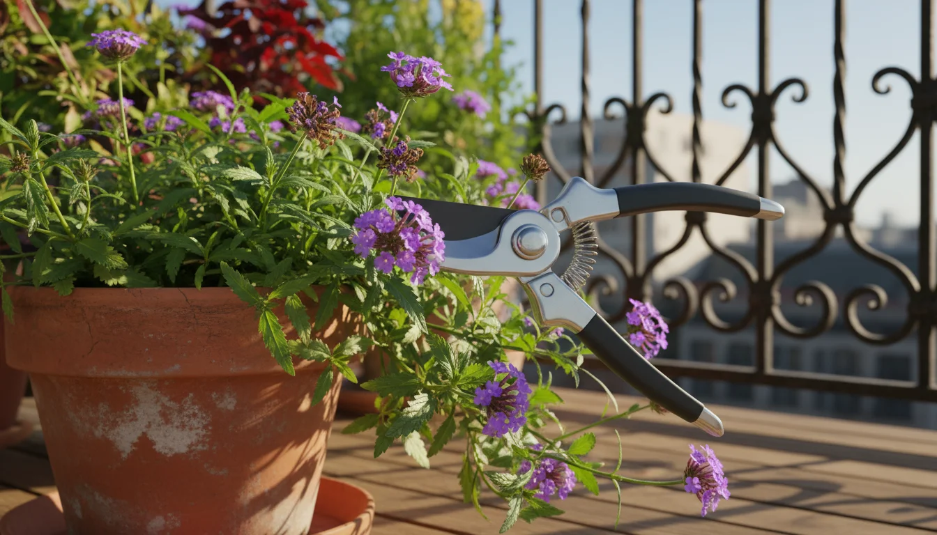 Close-up, high-angle shot of clean pruners snipping a faded purple Verbena flower from a terracotta pot on a sunny balcony.