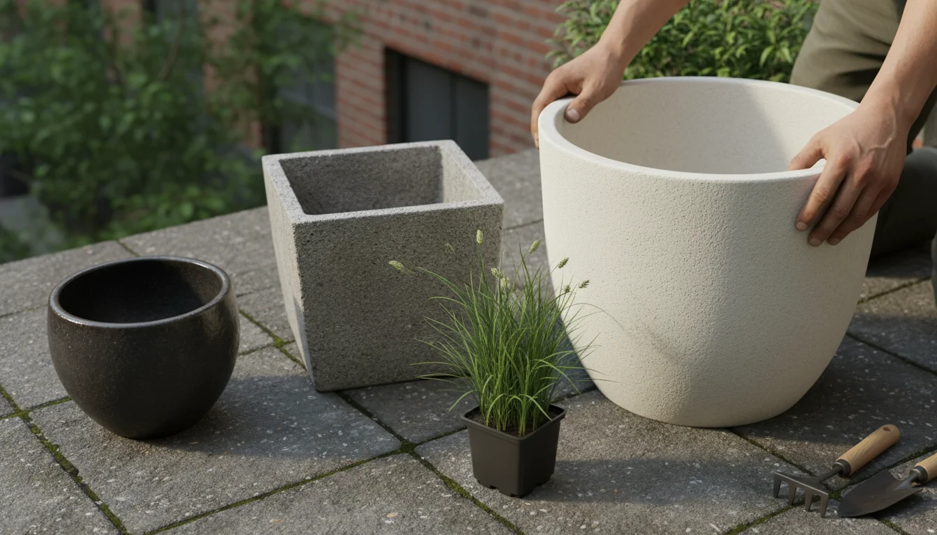 High-angle view of a compact patio showing three empty planters of varying sizes. A large, light-colored pot is next to a small ornamental grass plant