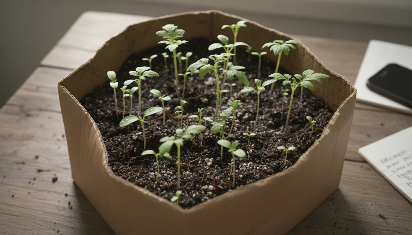 High-angle view of crowded seedlings in a cardboard shoebox, showing clear true leaves among smaller cotyledons, ready for transplant.