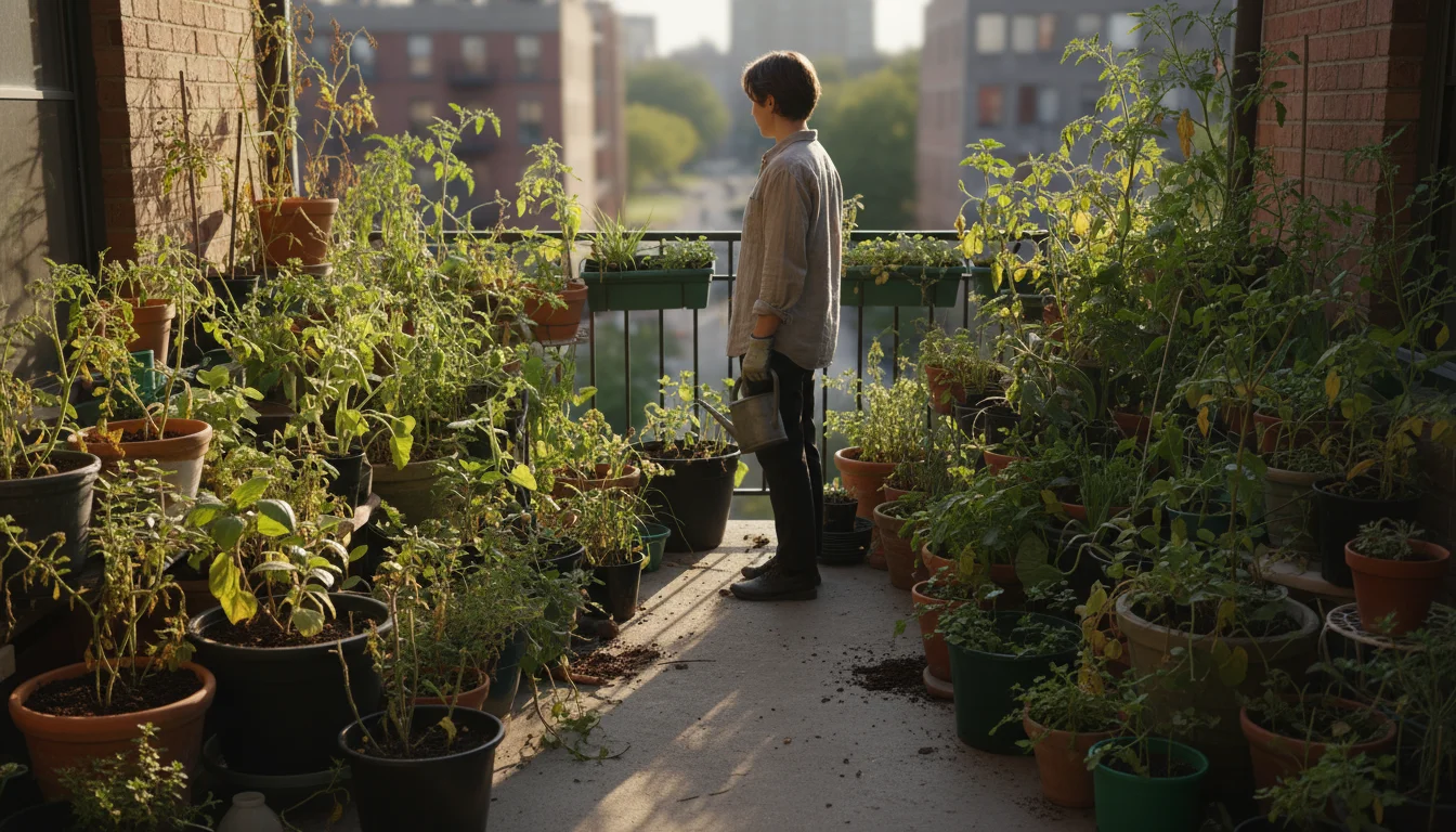 A slightly high-angle view of a crowded urban balcony with various container plants, some showing subtle signs of stress. A person observes the scene.