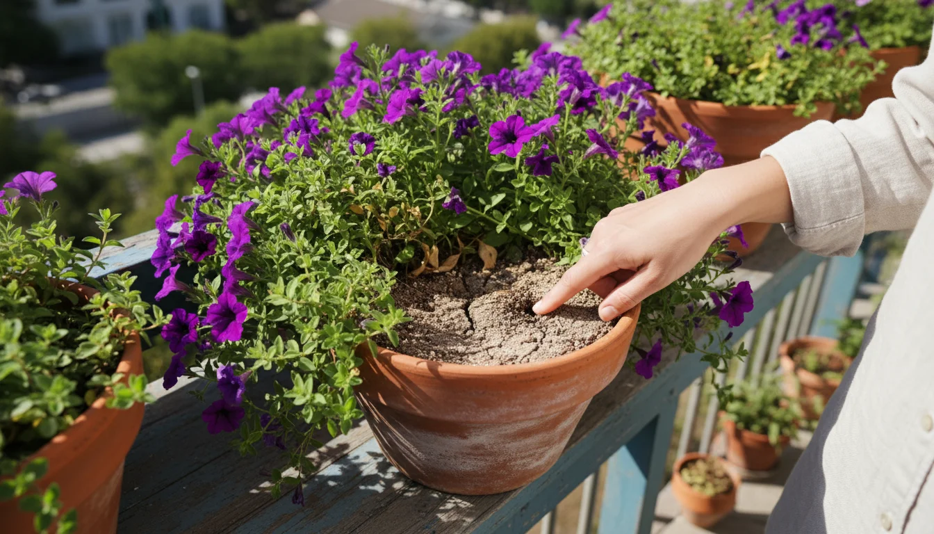 A high-angle view of a gardener's finger testing the visibly dry topsoil of a healthy green container plant on a sunny balcony.
