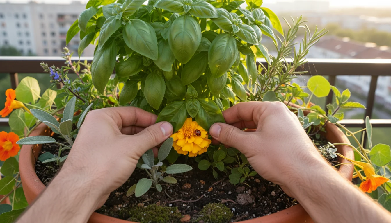 A close-up, high-angle view of a gardener's hands inspecting basil leaves in a vibrant balcony planter, with a ladybug on a marigold.
