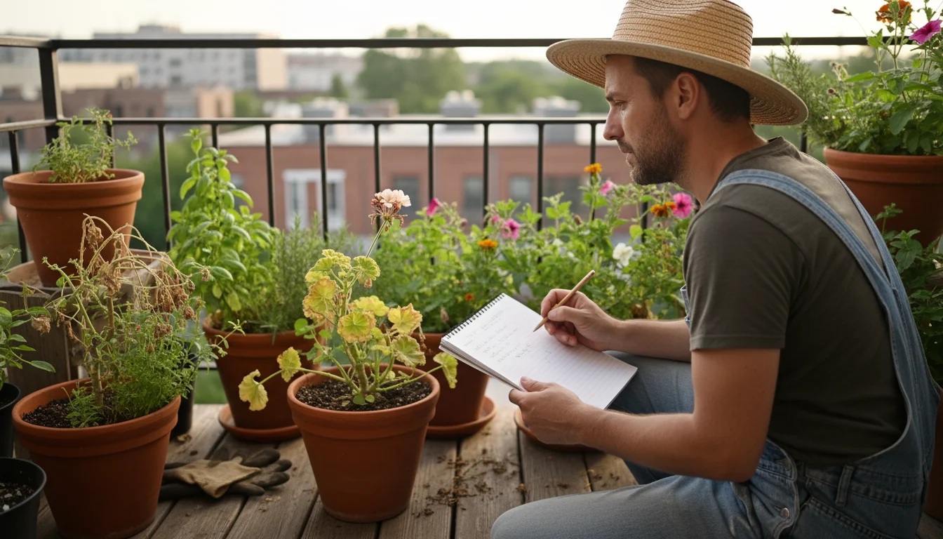 High-angle view over a gardener's shoulder observing a wilted plant in a pot on a balcony, holding a notebook.