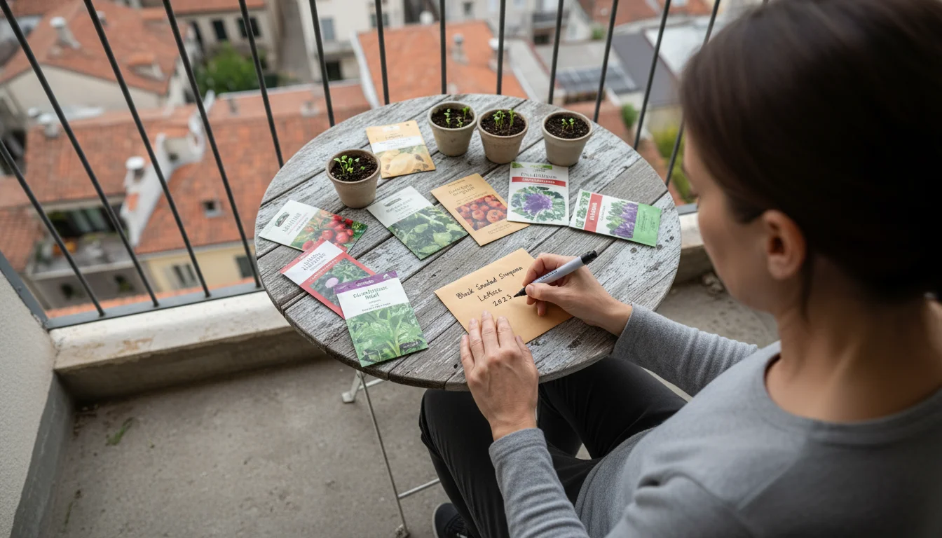 High-angle view of a gardener on an urban balcony writing 'Lettuce 2023' on a seed envelope, surrounded by other seed packets.