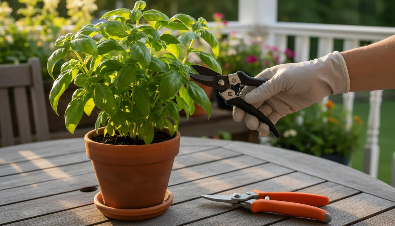 Close-up, high-angle view of a hand using small precision snips to prune basil in a terracotta pot on a patio table, another hand pruner nearby.