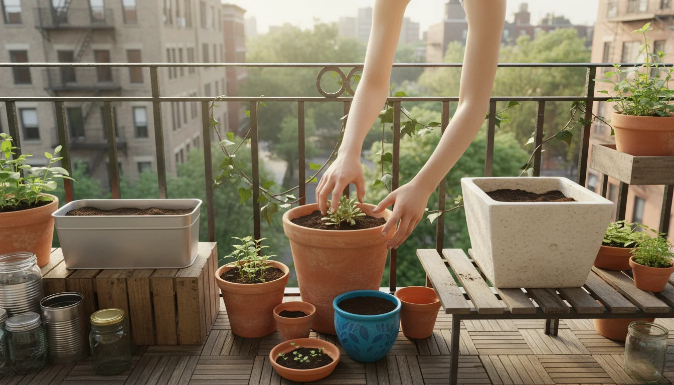 High-angle view of hands arranging diverse gardening containers: terracotta, glazed ceramic, metal, plastic, and fabric grow bag on a balcony.