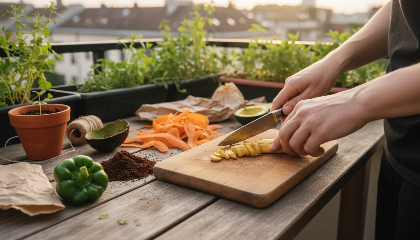 Close-up, high-angle view of hands chopping banana peel on a small cutting board with assorted kitchen scraps and a brewing bucket on a balcony table.