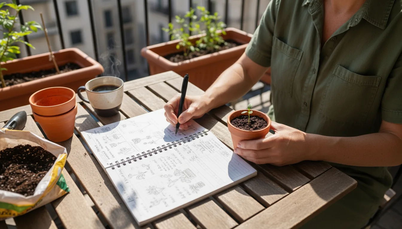 High-angle view of hands comparing seed catalogs and writing in a notebook on a small balcony table, surrounded by gardening supplies.