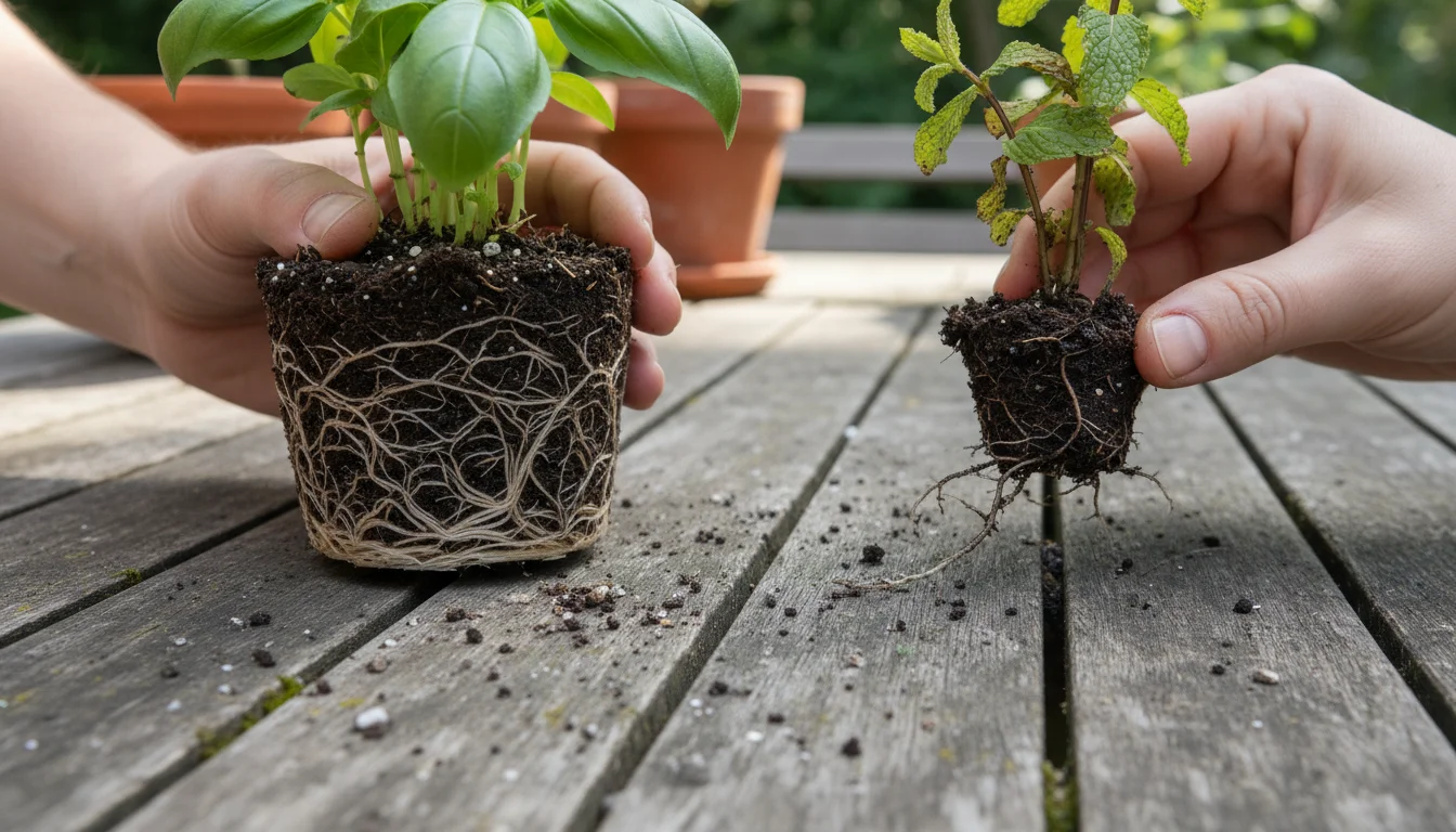 A close-up, high-angle shot of hands holding two small root balls, one healthy (white) and one rotten (dark brown and mushy), on a patio table.