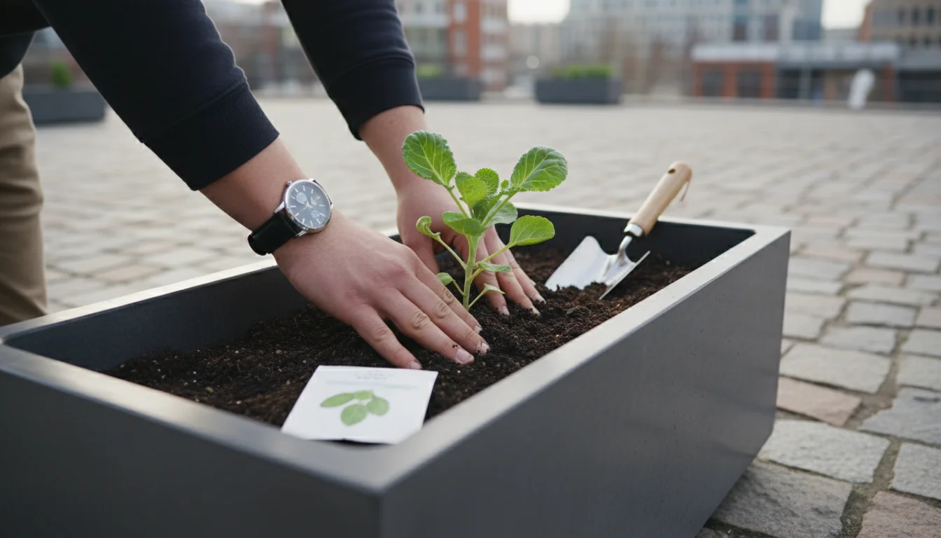 High-angle shot of hands planting a small Brussels sprout seedling in a grey container on an urban patio, with a trowel nearby.